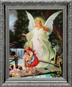 Vászonkép 31x26 Őrangyal Angyal Ezüst Díszített Keresztelő Ajándék Keret