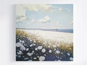 Vászonkép Canvas Tájkép Tengerpart Rét Virágok Tenger Csónak 40x40