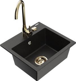 Mexen Milo 1 rekeszes gránit mosogató Telma konyhai csappal, fekete/arany - 6505-75-670200-50