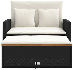 2 személyes fekete polyrattan/akácfa kerti kanapé párnával