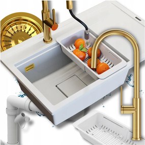 Egymedencés gránit mosogató Fehér Rendo csaptelep szett Szifon 5in1