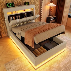 Kárpitozott ágy Led egyszemélyes ágy Usb-c Hidraulikus 90x200cm Bézs