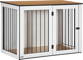 PawHut Modern Acél Kutya Ketrec Bútor Ablakos Ajtókkal Nagy Kutyák Számára, Maximum 30 kg-ig, 106 x 60 x 76 cm, Tölgy+Fehér | Aosom