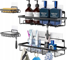 Fürdőszobai Zuhanypolcok Fúrás Nélkül Ragasztható 4 Db-os Szett Fekete