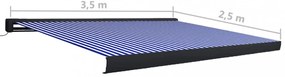 kék és fehér motorizált kazettás napellenző 350 x 250 cm