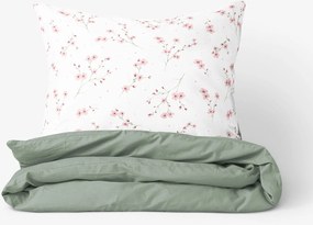 Goldea pamut ágyneműhuzat duo - cseresznyevirágok, zsálya színű hátoldal 140 x 220 és 70 x 90 cm