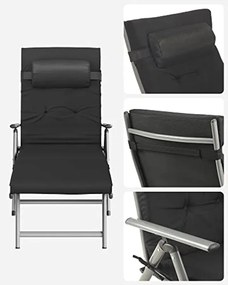 Összecsukható napozóágy, napozóágy 6 cm-es matraccal, levehető fejtámlával, rozsdamentes alumínium, légáteresztő, max. Terhelhetőség 150 kg, Fekete