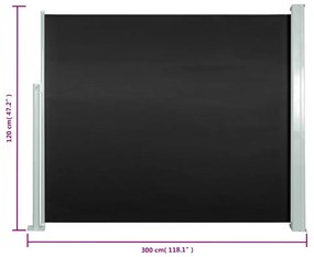 fekete behúzható oldalsó napellenző 120 x 300 cm