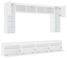 8 darabos fehér falra szerelhető TV-szekrényszett LED-ekkel
