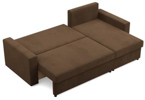 Zeus sarokkanapé, 2 ágyneműtartóval, egyenes kartámasz, szövet anyag, univerzális oldal, hab töltet, barna