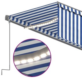 kék és fehér redőnyös, szélérzékelős, LED-es napellenző 6x3 m
