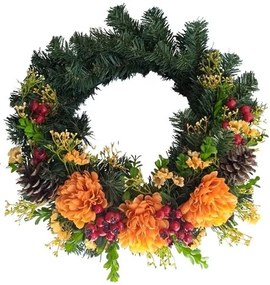 Műfenyő koszorú narancssárga krizantémákkal,átmérő 40 cm