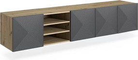 Asha függesztett TV szekrény 200 cm riflázott frontokkal, nyitott fülkével – artisan tölgy / rivier stone matt
