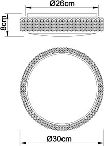 Globo 41749-12 Mennyezeti lámpa fehér váz, akril fehér búra, akril-kristály és sparkle effekt dekorral. Fali kapcsolóról 3 lépésben színhőmérsékletváltós. Ø:260, H:80, tartozék: 1xLED 12W 230V, 980lm, CCT 3.000-4500-6.500