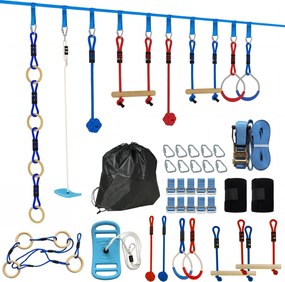 AIYAPLAY Ninja Line gyerekeknek 10 m — 9 részes slackline és akadálypálya gyűrűkkel, 3 az 1-ben hintával, mászórudakkal, fatörzsvédővel, fogógömbökkel