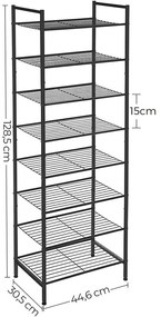 Cipőtartó, 8 szintes keskeny cipőspolc, fekete