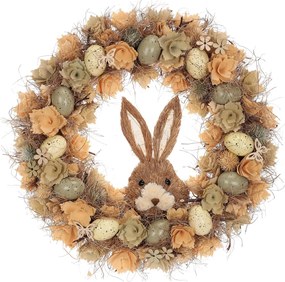 Húsvéti koszorú Barna nyuszi virágokkal éstojásokkal, átmérő 45 cm, 45 x 45 x 9 cm