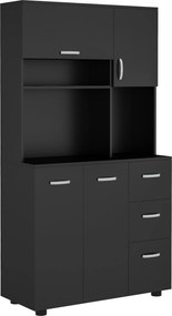 HOMCOM Többfunkciós Konyhaszekrény 4 Ajtóval, 3 Fiókkal és Polccal + Nagy Munkaasztal 89L x 39.5W x 168H cm Fekete | Aosom
