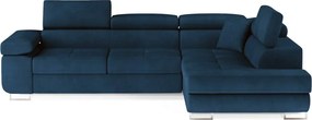 Kék bársony kinyitható-tárolóhelyes sarokkanapé (jobb oldali-L alakú) Anton – ELTAP