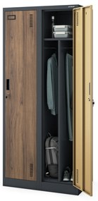 Pléh öltözőszekrény talpazaton, kétmodulos, polccal és köztes fallal KACPER, 800 x 1800 x 500 mm, Eco Design: antracit/ dió