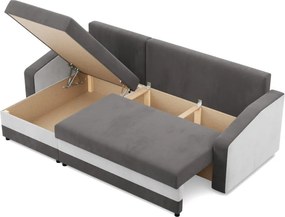 Hewlet sarokkanapé, 2 ágyneműtartóval, szövet anyag, univerzális oldal, hab töltet, szürke - fehér