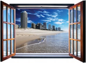 Fotótapéta Tengerpart kék és városi horizont Kilátás az ablakból 201x145 +ragasztó