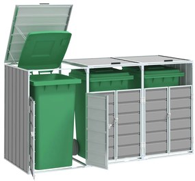 szürke acél kerekes szemetes tároló 3 szemeteskukához 216 x 81 x 115 cm