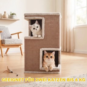 PawHut Macskabarlang 3 emeletes beltéri macskahordó, félig zárt macskabarlang körös-körüli kaparófelületekkel, világosbarna