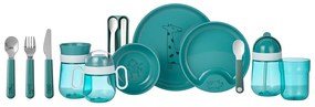 Türkiz-ezüstszínű rozsdamentes acél gyerek evőeszköz szett 3 db-os Deep turquoise – Mepal