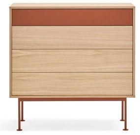 Yoko téglavörös fiókos komód tölgyfa dekorral - Teulat