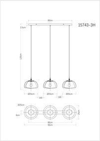 Globo 15743-3H Függeszték fém fekete matt, füstszínű/fehér üveg, kábel textil fekete, magassága rövidíthető, HxSzxM: 950x250x1200mm, 3x E14 40W 230V izzók nélkül
