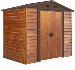 Outsunny Fém Kertészeti Tároló Ház Fa Hatással 3 m² 152 x 235,7 x 208,7 cm Garázs Ferde Tető Ablakkal Kétoldali Csúszó Ajtókkal Időjárásálló Kerti Ház