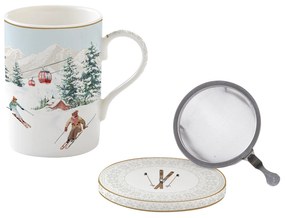 Karácsonyi porcelán teás bögre szűrővel díszdobozban Chalet