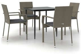 vidaXL 5 részes fekete és szürke polyrattan kerti étkezőszett párnával