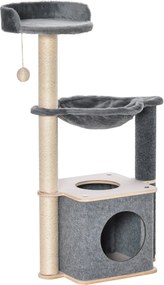 PawHut Macska Kaparófája 48x34x95 cm Macska Torony Hintaággyal, Kivehető Barlanggal, Függő Játékkal és Szizálposztokkal Szürke | Aosom