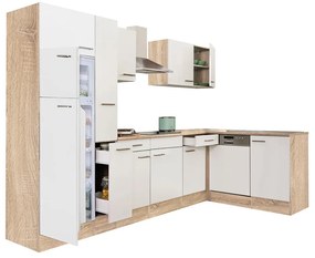 Yorki 310 sarok konyhabútor sonoma tölgy korpusz,selyemfényű fehér fronttal felülfagyasztós hűtős szekrénnyel
