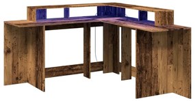 antik fa színű szerelt fa íróasztal LED-ekkel 152 x 152 x 91 cm