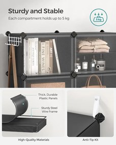 Cipős szekrény, 10 rekeszes moduláris tárolóegység, 32 x 165 x 125 cm, fekete