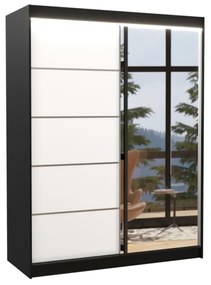 LIMBO tolóajtós ruhásszekrény tükörrel, 150x200x58, fekete/fehér