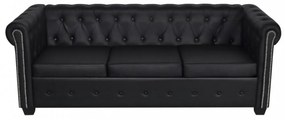 3 személyes fekete műbőr Chesterfield kanapé