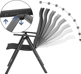 2 db összecsukható kerti szék, 8 szögben dönthető háttámlával, max. 150 kg teherbírás, fekete