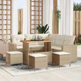 8 darabos Kerti Sofa Szett Párnákkal Bézs Poli Rattan Akác, 3 darabos Kerti Étkező Szett Párnákkal Bézs Poli Rattan Akác