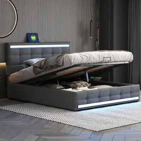 franciaágy Kárpitozott ágy 140*200 Led tároló Usb len szürke