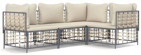4 részes antracitszürke polyrattan kerti ülőgarnitúra párnákkal