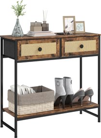 HOMCOM Konzolasztal Előtér Asztal Nyitott Polccal és 2 Elő Rattan Fiókkal 80x30x75 cm Rusztikus Barna | Aosom