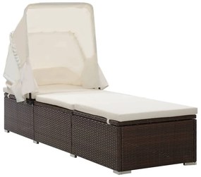 Barna polyrattan napozóágy napellenzővel és párnával