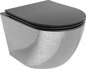 Mexen Lena Rimless WC csésze lassan záródó Slim duroplaszt ülőkével, fekete matt/ezüst pikkely minta - 30224072
