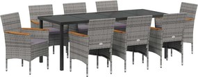 vidaXL Kert étkező szett párnával 9 pcs Szürke polirattan
