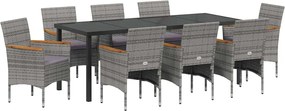vidaXL Kert étkező szett párnával 9 pcs Szürke polirattan