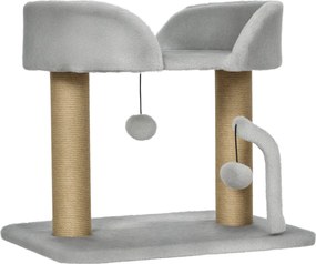 PawHut Kisméretű Macska Kaparófája 42 cm Magasságú Macska Fakérgével, Függőlabdákkal és Szizálposztokkal 48x38x42 cm Világos Szürke | Aosom